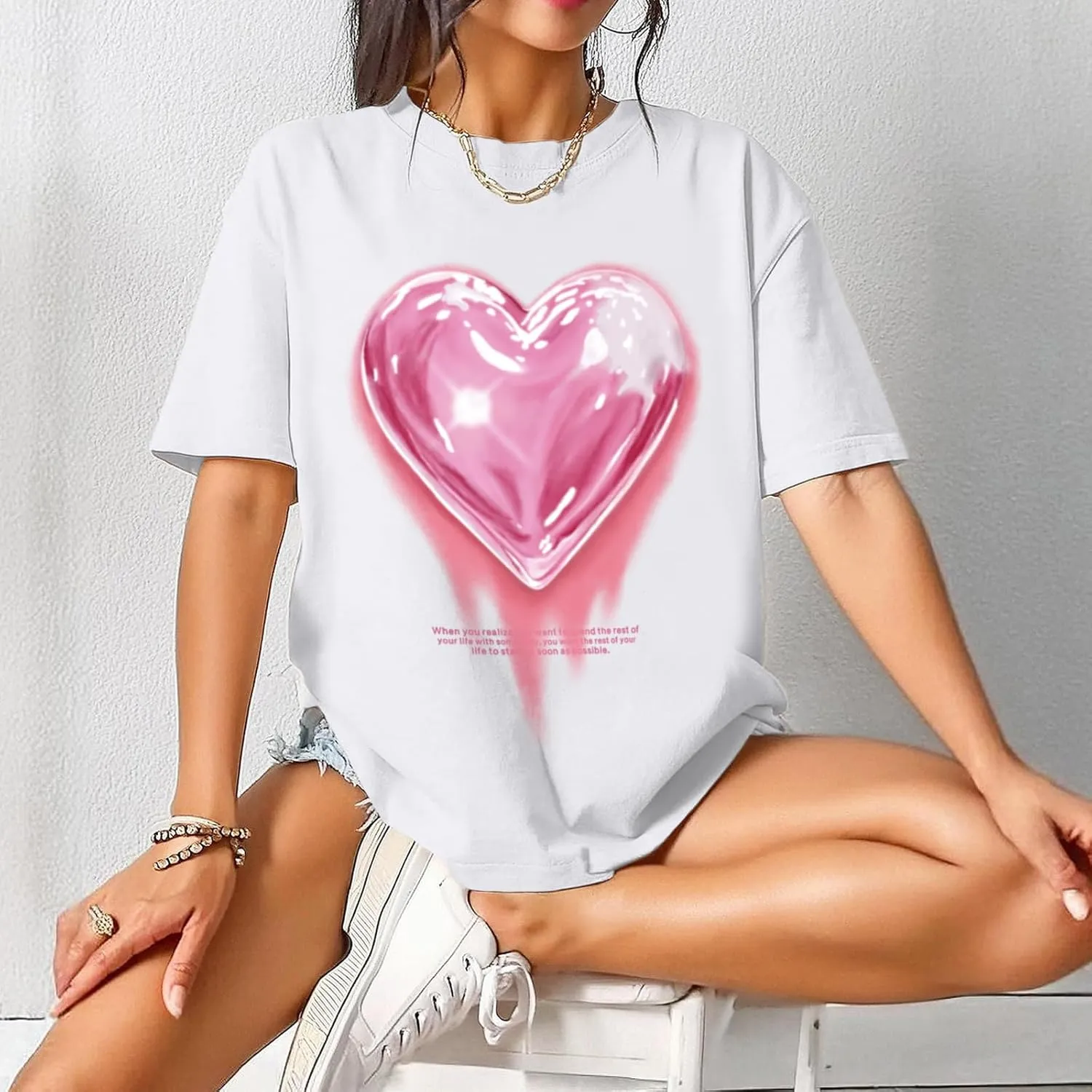 KIEKIECOO Oversized Graphic Tees for Women Cute Shirts for Teens Girls Casual Heart Shirt Men Cotton Tshirts Loose Fit