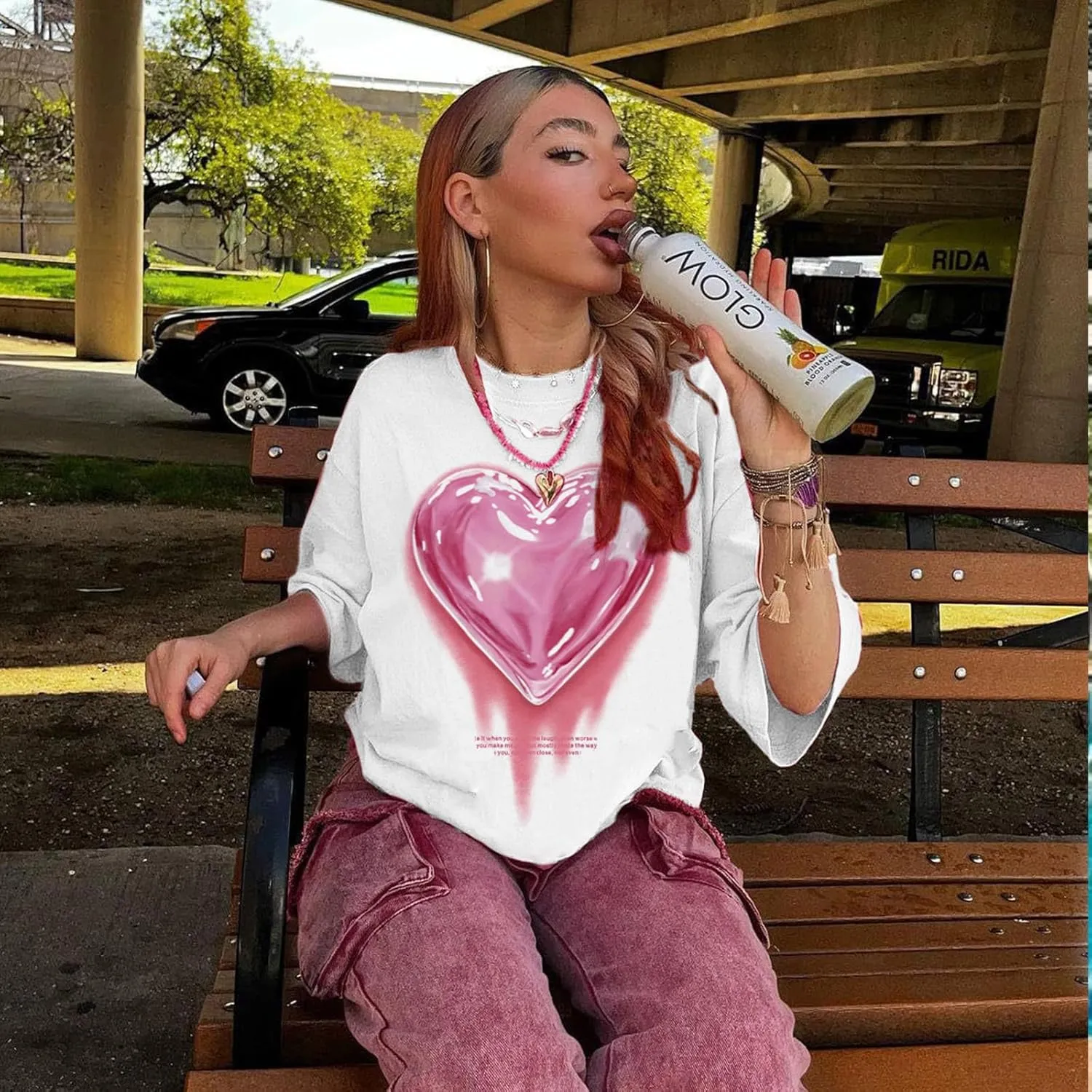 KIEKIECOO Oversized Graphic Tees for Women Cute Shirts for Teens Girls Casual Heart Shirt Men Cotton Tshirts Loose Fit