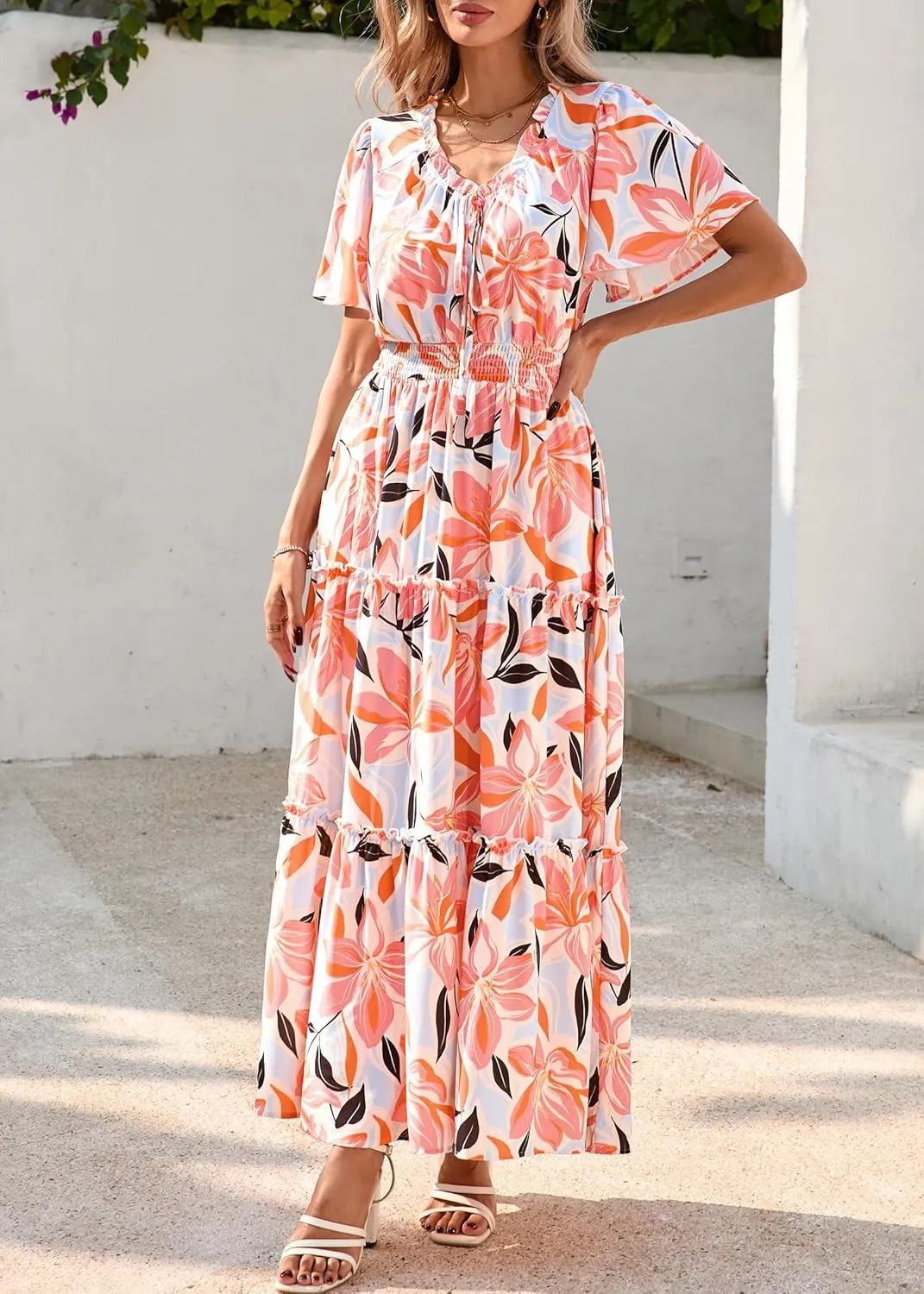 KIRUNDO Womens Summer Boho Floral Maxi Dress Flutter Short Sleeve V Neck Ruffle Tiered Flowy Beach Wedding Guest Dresses