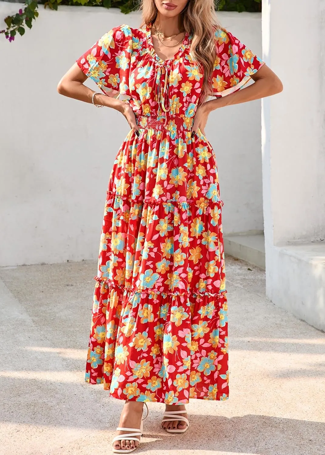 KIRUNDO Womens Summer Boho Floral Maxi Dress Flutter Short Sleeve V Neck Ruffle Tiered Flowy Beach Wedding Guest Dresses