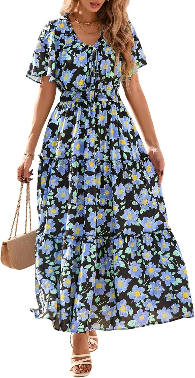 KIRUNDO Womens Summer Boho Floral Maxi Dress Flutter Short Sleeve V Neck Ruffle Tiered Flowy Beach Wedding Guest Dresses