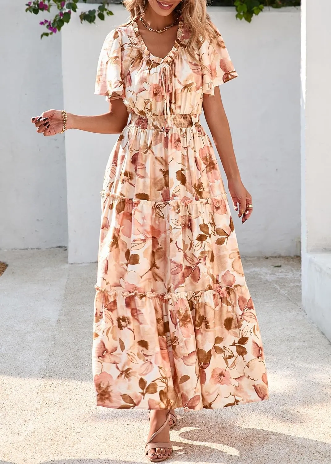 KIRUNDO Womens Summer Boho Floral Maxi Dress Flutter Short Sleeve V Neck Ruffle Tiered Flowy Beach Wedding Guest Dresses