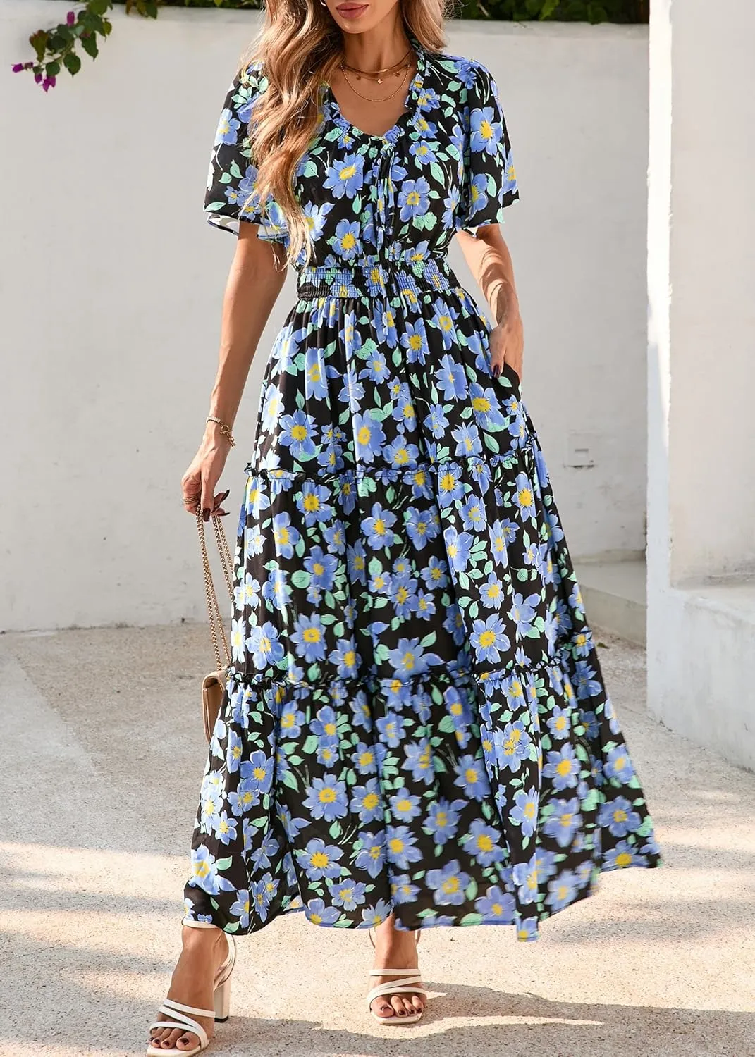 KIRUNDO Womens Summer Boho Floral Maxi Dress Flutter Short Sleeve V Neck Ruffle Tiered Flowy Beach Wedding Guest Dresses