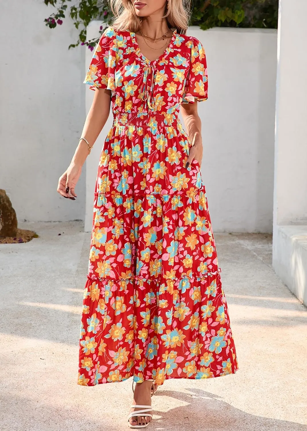 KIRUNDO Womens Summer Boho Floral Maxi Dress Flutter Short Sleeve V Neck Ruffle Tiered Flowy Beach Wedding Guest Dresses
