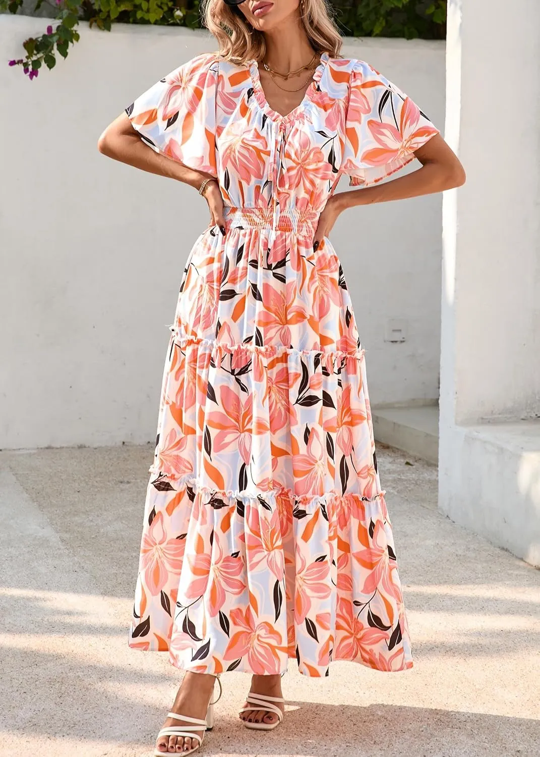 KIRUNDO Womens Summer Boho Floral Maxi Dress Flutter Short Sleeve V Neck Ruffle Tiered Flowy Beach Wedding Guest Dresses