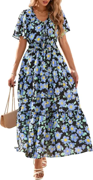 KIRUNDO Womens Summer Boho Floral Maxi Dress Flutter Short Sleeve V Neck Ruffle Tiered Flowy Beach Wedding Guest Dresses