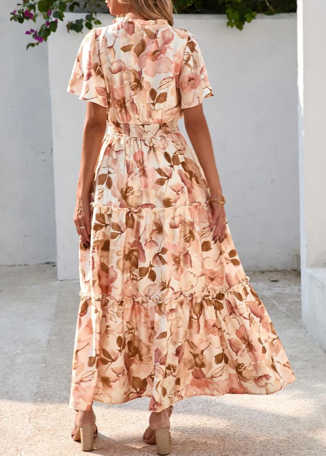 KIRUNDO Womens Summer Boho Floral Maxi Dress Flutter Short Sleeve V Neck Ruffle Tiered Flowy Beach Wedding Guest Dresses