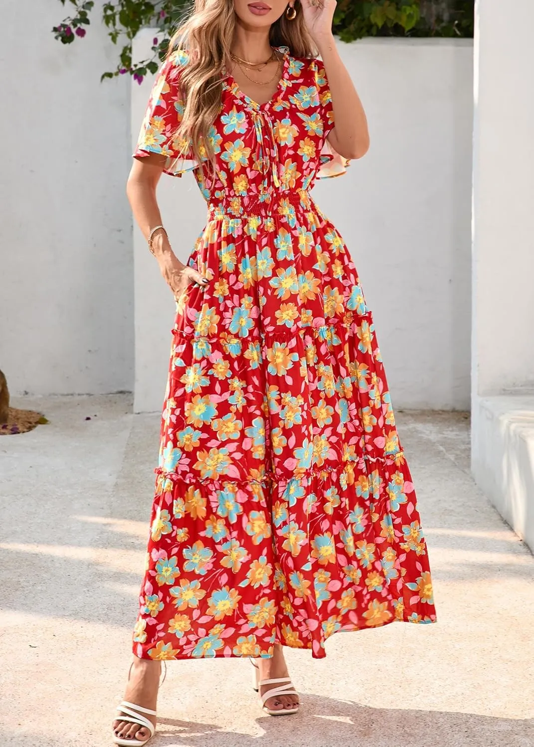 KIRUNDO Womens Summer Boho Floral Maxi Dress Flutter Short Sleeve V Neck Ruffle Tiered Flowy Beach Wedding Guest Dresses
