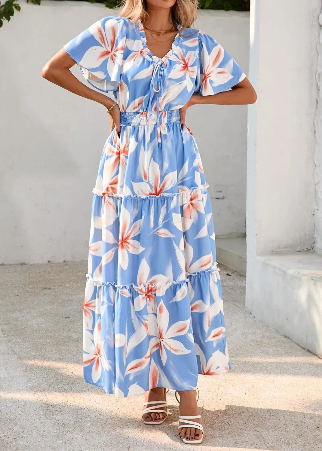 KIRUNDO Womens Summer Boho Floral Maxi Dress Flutter Short Sleeve V Neck Ruffle Tiered Flowy Beach Wedding Guest Dresses