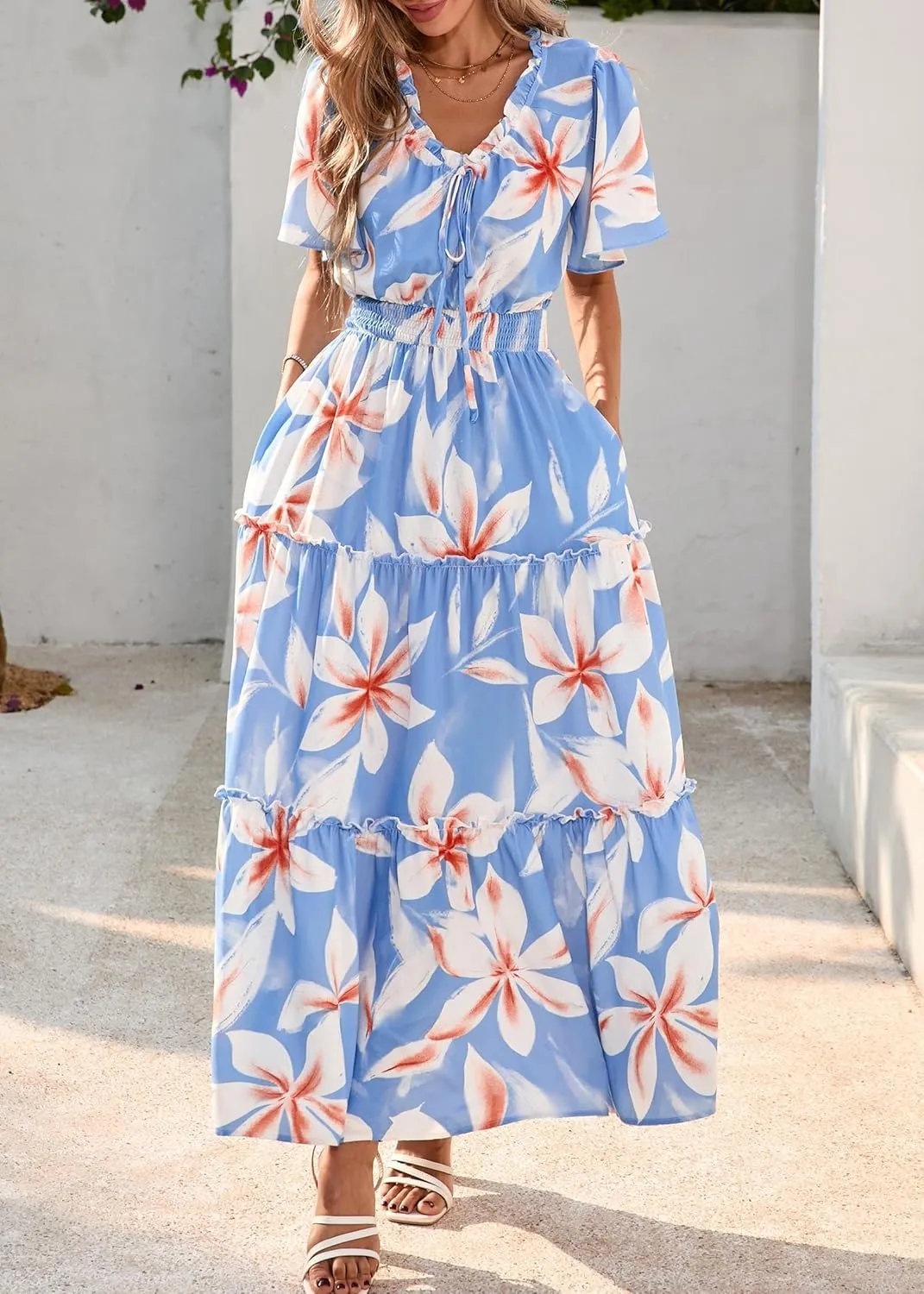 KIRUNDO Womens Summer Boho Floral Maxi Dress Flutter Short Sleeve V Neck Ruffle Tiered Flowy Beach Wedding Guest Dresses