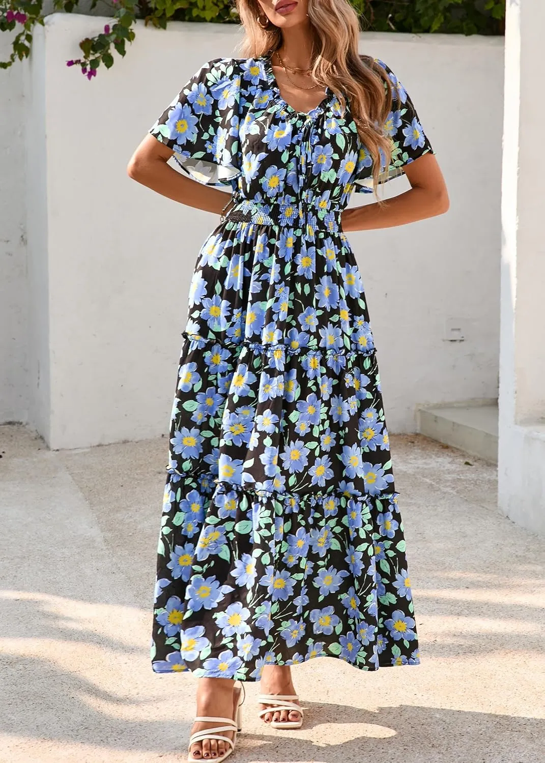 KIRUNDO Womens Summer Boho Floral Maxi Dress Flutter Short Sleeve V Neck Ruffle Tiered Flowy Beach Wedding Guest Dresses