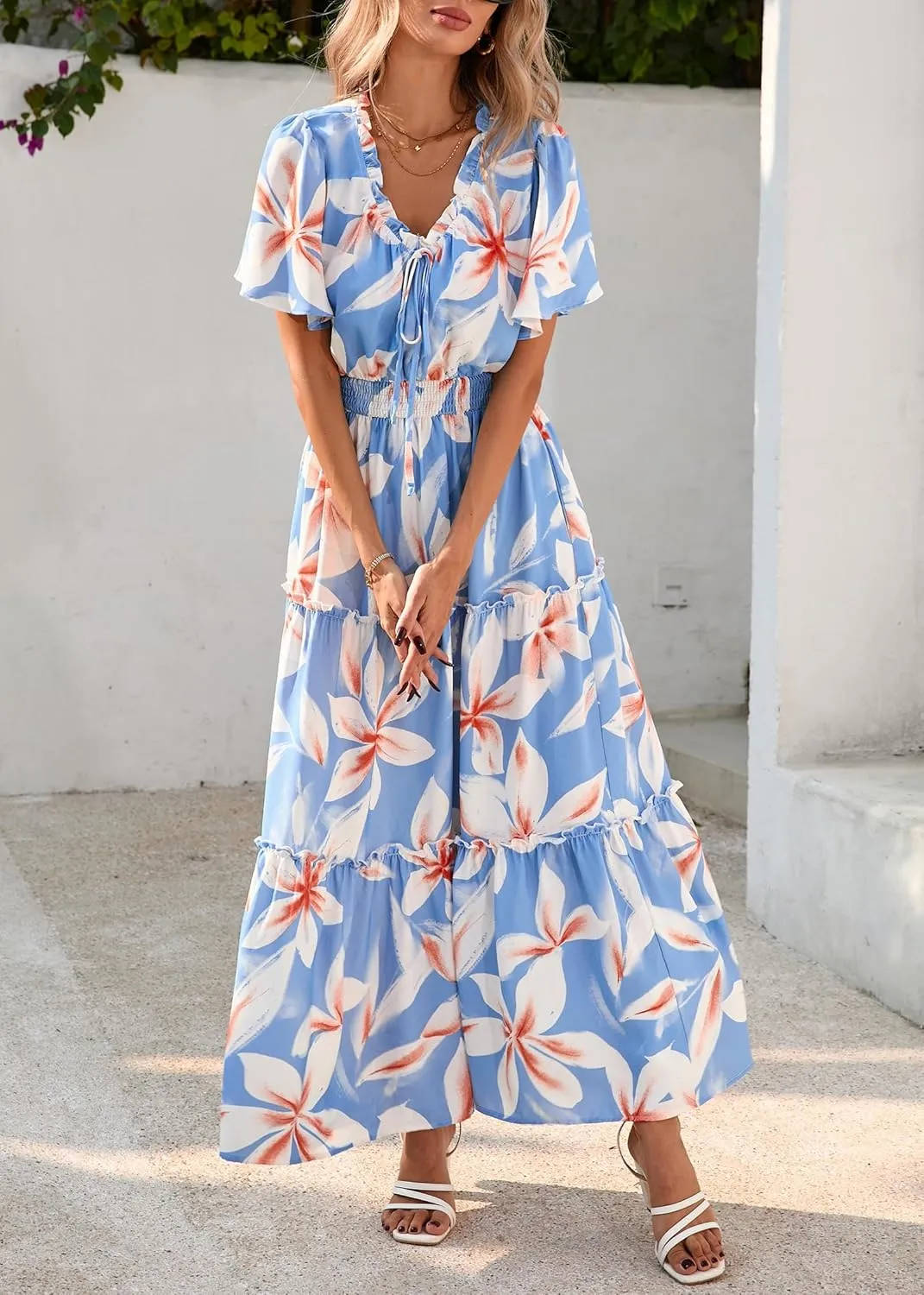 KIRUNDO Womens Summer Boho Floral Maxi Dress Flutter Short Sleeve V Neck Ruffle Tiered Flowy Beach Wedding Guest Dresses