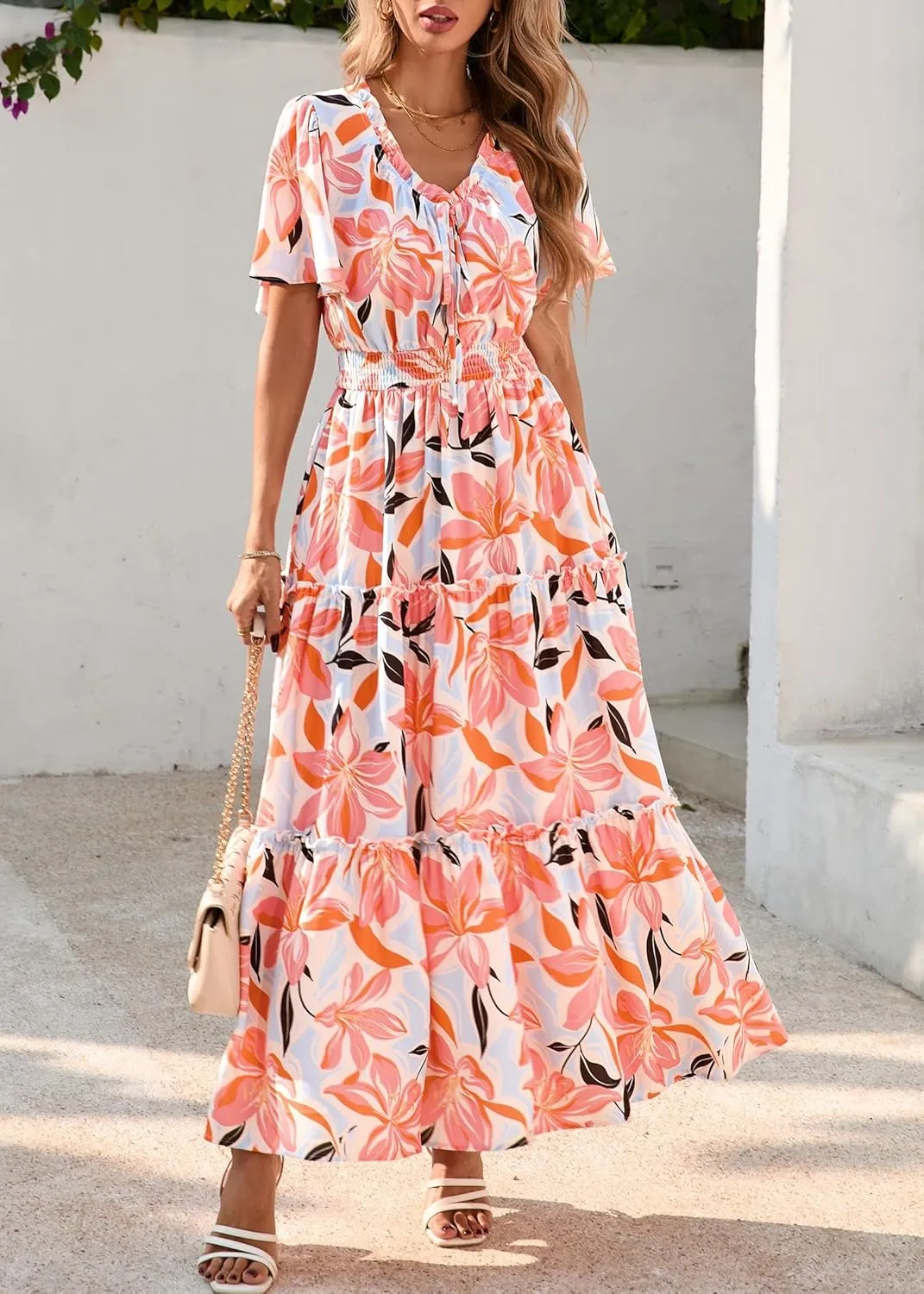 KIRUNDO Womens Summer Boho Floral Maxi Dress Flutter Short Sleeve V Neck Ruffle Tiered Flowy Beach Wedding Guest Dresses