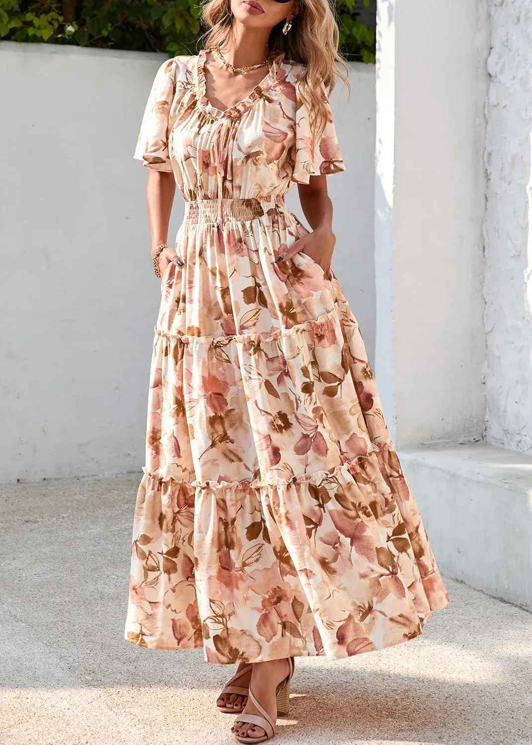 KIRUNDO Womens Summer Boho Floral Maxi Dress Flutter Short Sleeve V Neck Ruffle Tiered Flowy Beach Wedding Guest Dresses