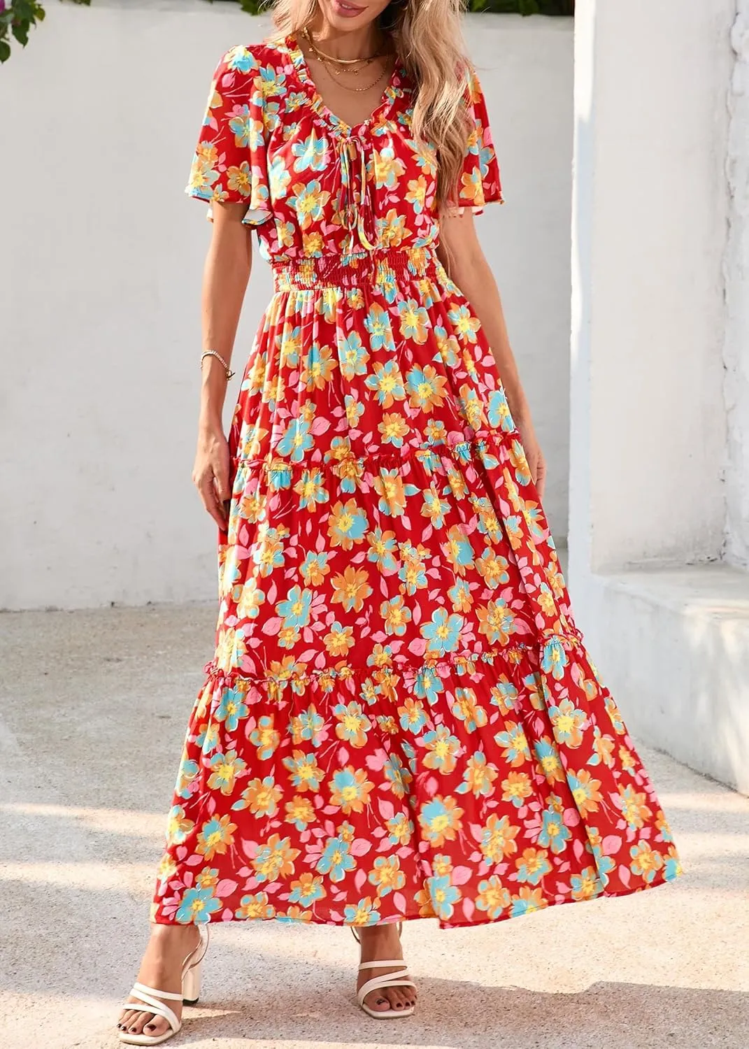 KIRUNDO Womens Summer Boho Floral Maxi Dress Flutter Short Sleeve V Neck Ruffle Tiered Flowy Beach Wedding Guest Dresses