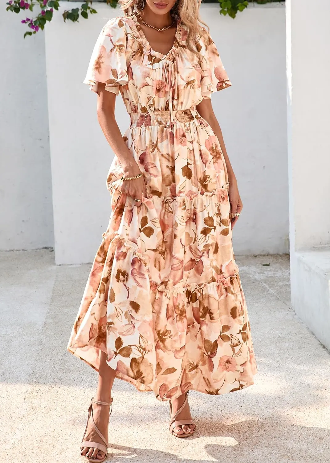 KIRUNDO Womens Summer Boho Floral Maxi Dress Flutter Short Sleeve V Neck Ruffle Tiered Flowy Beach Wedding Guest Dresses