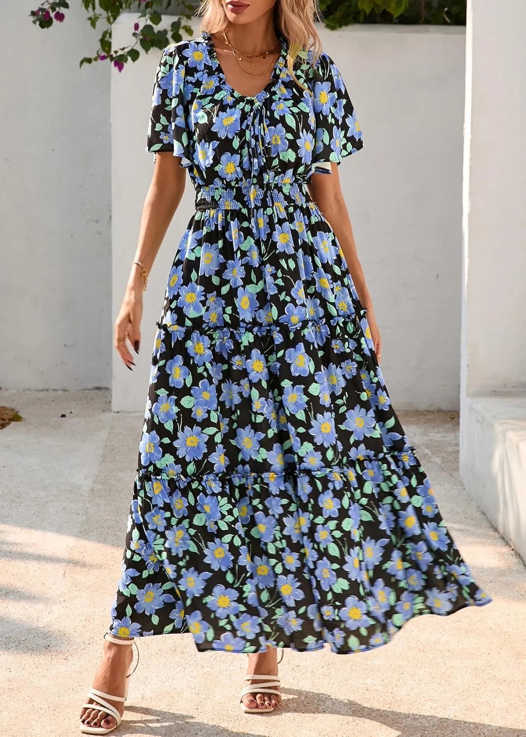 KIRUNDO Womens Summer Boho Floral Maxi Dress Flutter Short Sleeve V Neck Ruffle Tiered Flowy Beach Wedding Guest Dresses