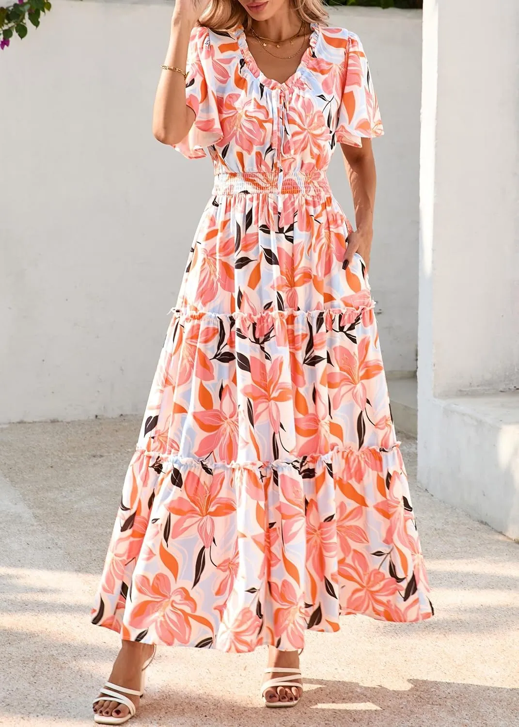KIRUNDO Womens Summer Boho Floral Maxi Dress Flutter Short Sleeve V Neck Ruffle Tiered Flowy Beach Wedding Guest Dresses