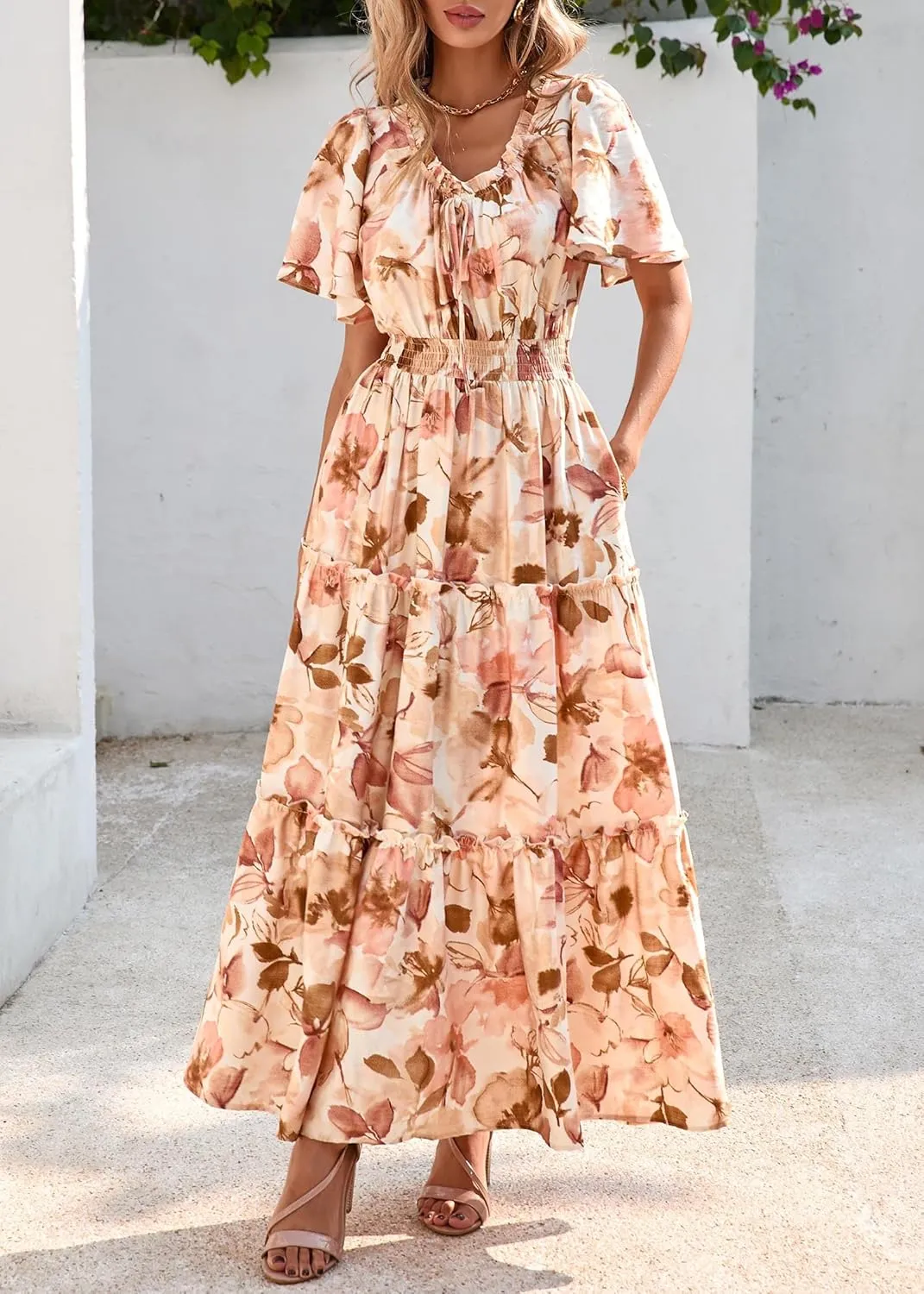 KIRUNDO Womens Summer Boho Floral Maxi Dress Flutter Short Sleeve V Neck Ruffle Tiered Flowy Beach Wedding Guest Dresses