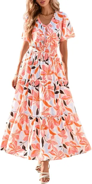 KIRUNDO Womens Summer Boho Floral Maxi Dress Flutter Short Sleeve V Neck Ruffle Tiered Flowy Beach Wedding Guest Dresses