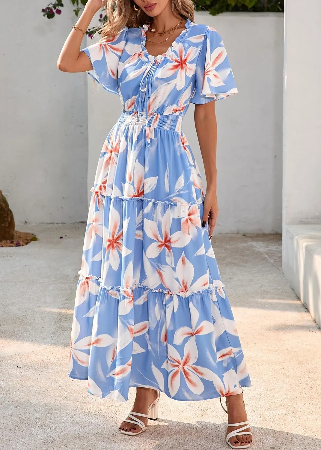 KIRUNDO Womens Summer Boho Floral Maxi Dress Flutter Short Sleeve V Neck Ruffle Tiered Flowy Beach Wedding Guest Dresses
