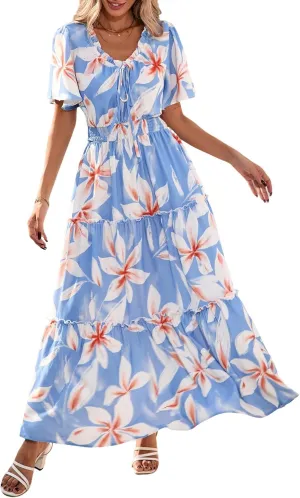 KIRUNDO Womens Summer Boho Floral Maxi Dress Flutter Short Sleeve V Neck Ruffle Tiered Flowy Beach Wedding Guest Dresses