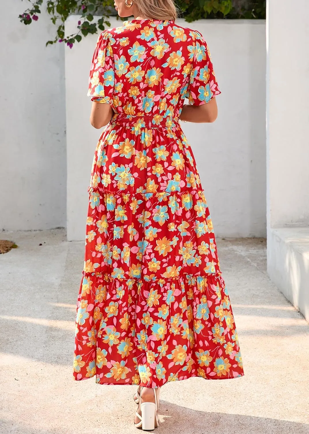KIRUNDO Womens Summer Boho Floral Maxi Dress Flutter Short Sleeve V Neck Ruffle Tiered Flowy Beach Wedding Guest Dresses