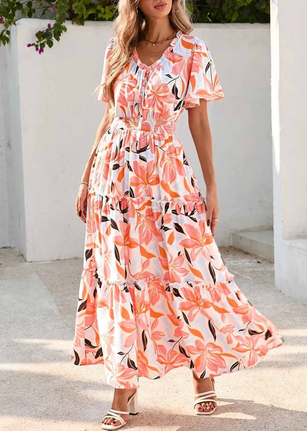KIRUNDO Womens Summer Boho Floral Maxi Dress Flutter Short Sleeve V Neck Ruffle Tiered Flowy Beach Wedding Guest Dresses