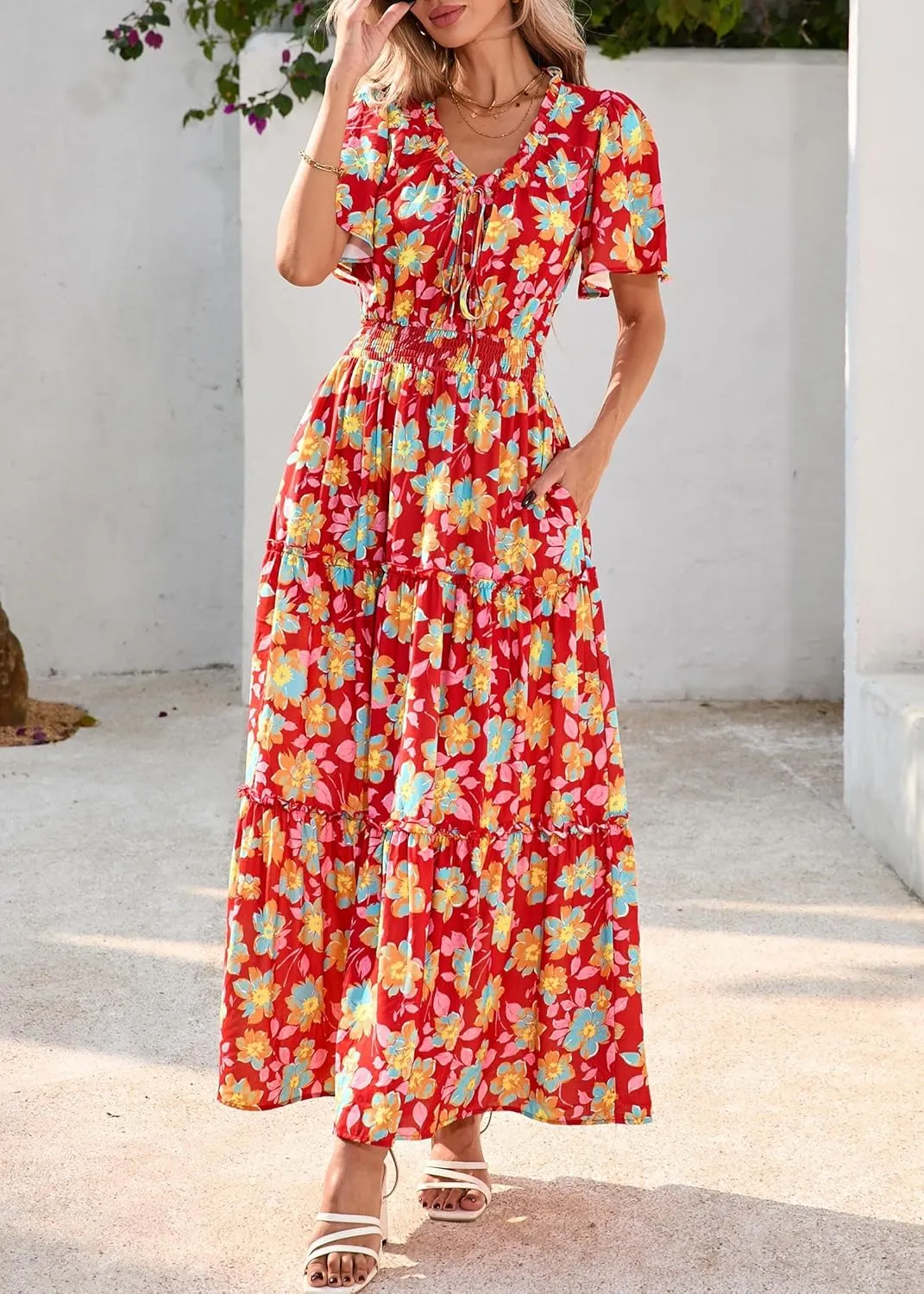 KIRUNDO Womens Summer Boho Floral Maxi Dress Flutter Short Sleeve V Neck Ruffle Tiered Flowy Beach Wedding Guest Dresses