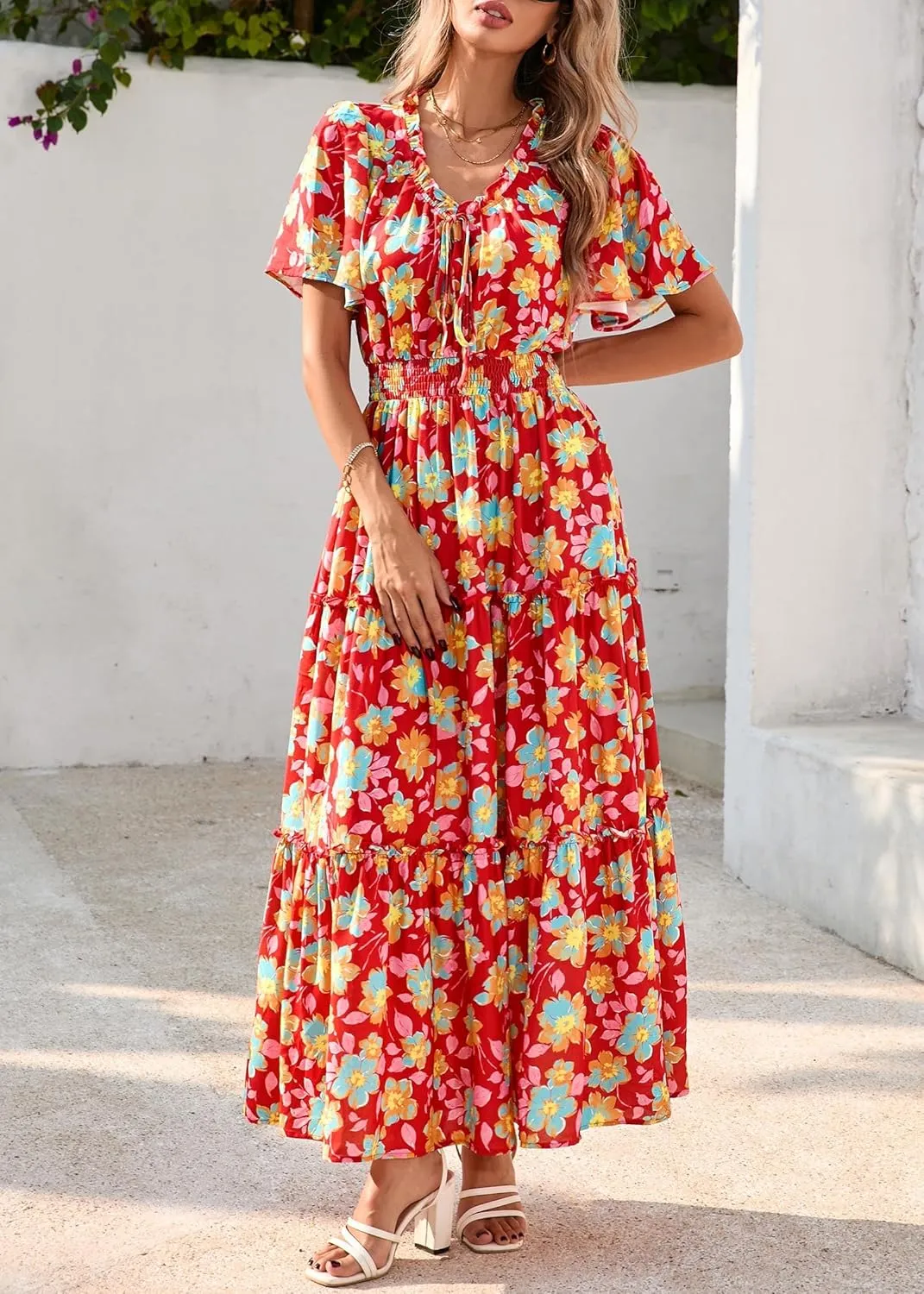KIRUNDO Womens Summer Boho Floral Maxi Dress Flutter Short Sleeve V Neck Ruffle Tiered Flowy Beach Wedding Guest Dresses