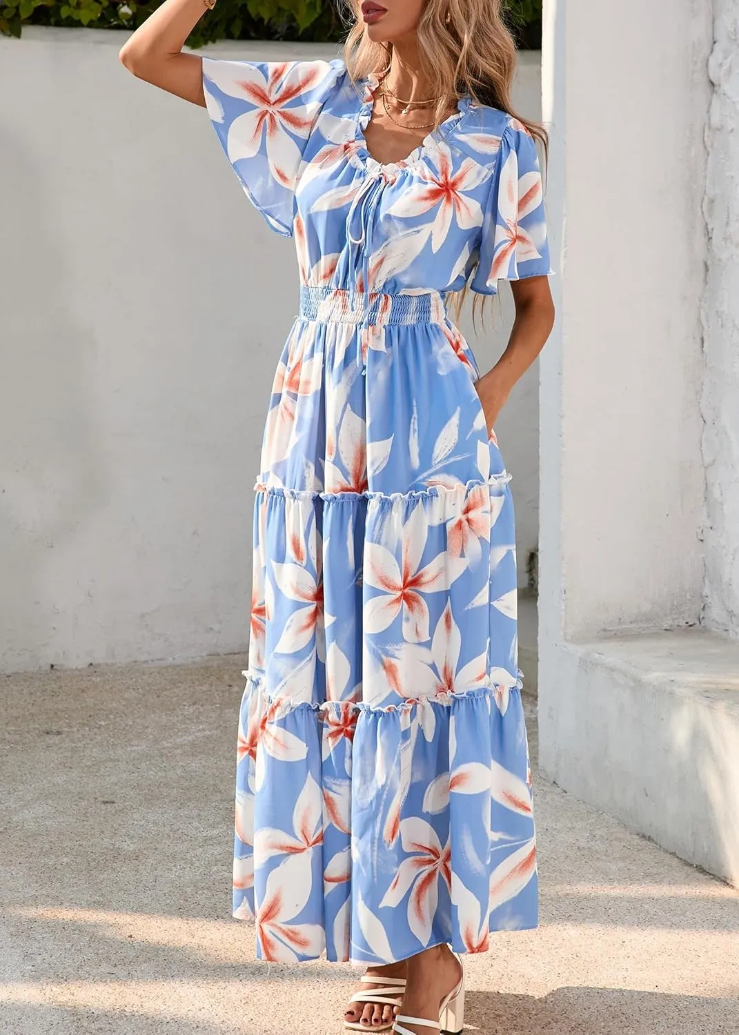 KIRUNDO Womens Summer Boho Floral Maxi Dress Flutter Short Sleeve V Neck Ruffle Tiered Flowy Beach Wedding Guest Dresses