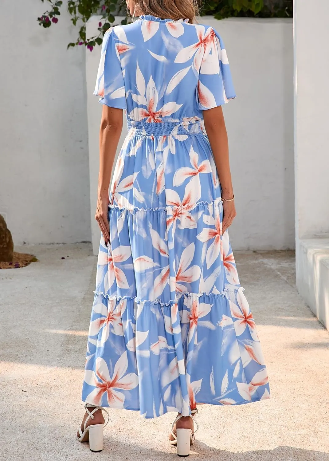KIRUNDO Womens Summer Boho Floral Maxi Dress Flutter Short Sleeve V Neck Ruffle Tiered Flowy Beach Wedding Guest Dresses