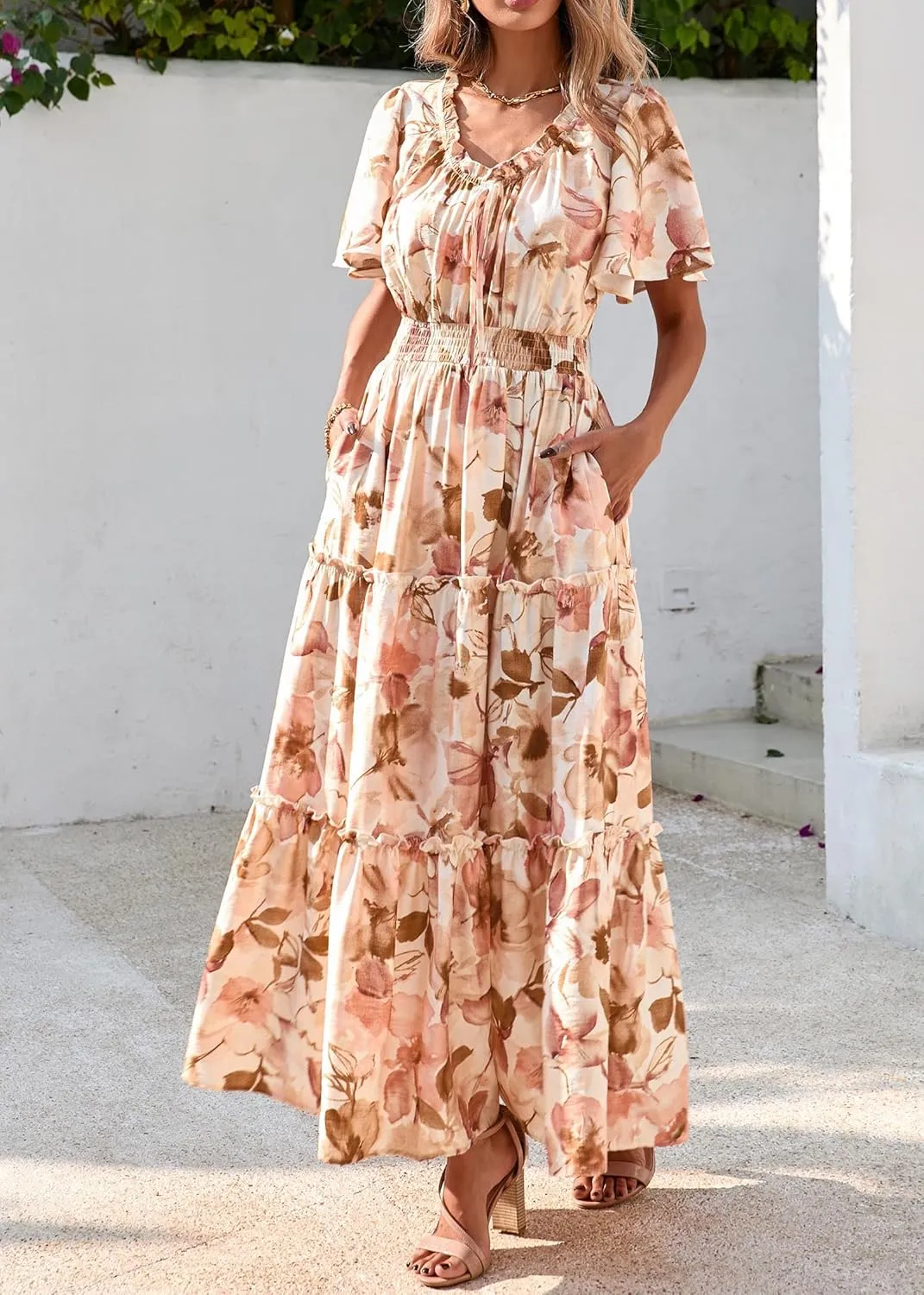 KIRUNDO Womens Summer Boho Floral Maxi Dress Flutter Short Sleeve V Neck Ruffle Tiered Flowy Beach Wedding Guest Dresses