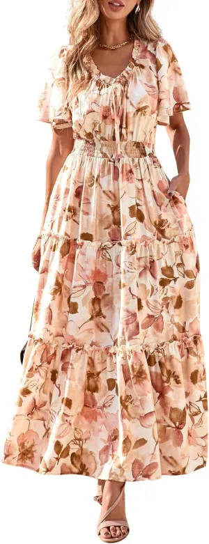 KIRUNDO Womens Summer Boho Floral Maxi Dress Flutter Short Sleeve V Neck Ruffle Tiered Flowy Beach Wedding Guest Dresses