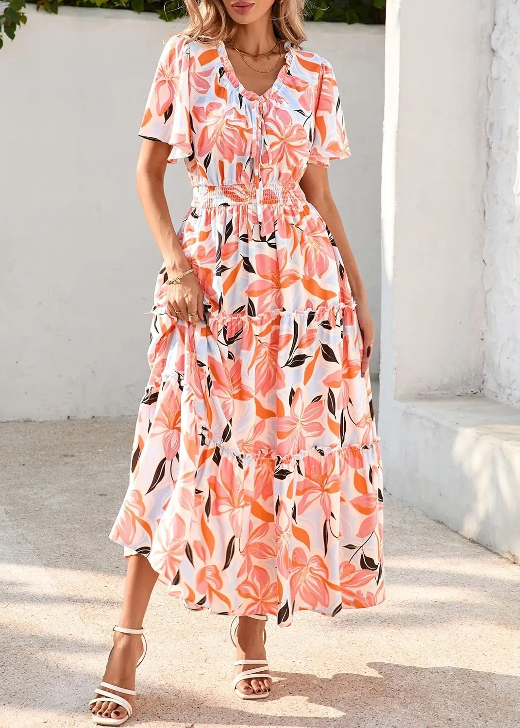 KIRUNDO Womens Summer Boho Floral Maxi Dress Flutter Short Sleeve V Neck Ruffle Tiered Flowy Beach Wedding Guest Dresses