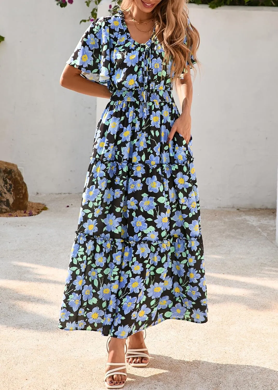 KIRUNDO Womens Summer Boho Floral Maxi Dress Flutter Short Sleeve V Neck Ruffle Tiered Flowy Beach Wedding Guest Dresses