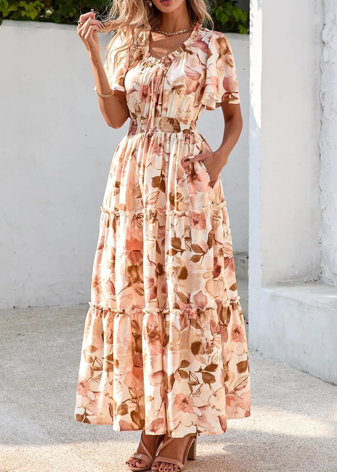 KIRUNDO Womens Summer Boho Floral Maxi Dress Flutter Short Sleeve V Neck Ruffle Tiered Flowy Beach Wedding Guest Dresses