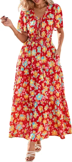 KIRUNDO Womens Summer Boho Floral Maxi Dress Flutter Short Sleeve V Neck Ruffle Tiered Flowy Beach Wedding Guest Dresses