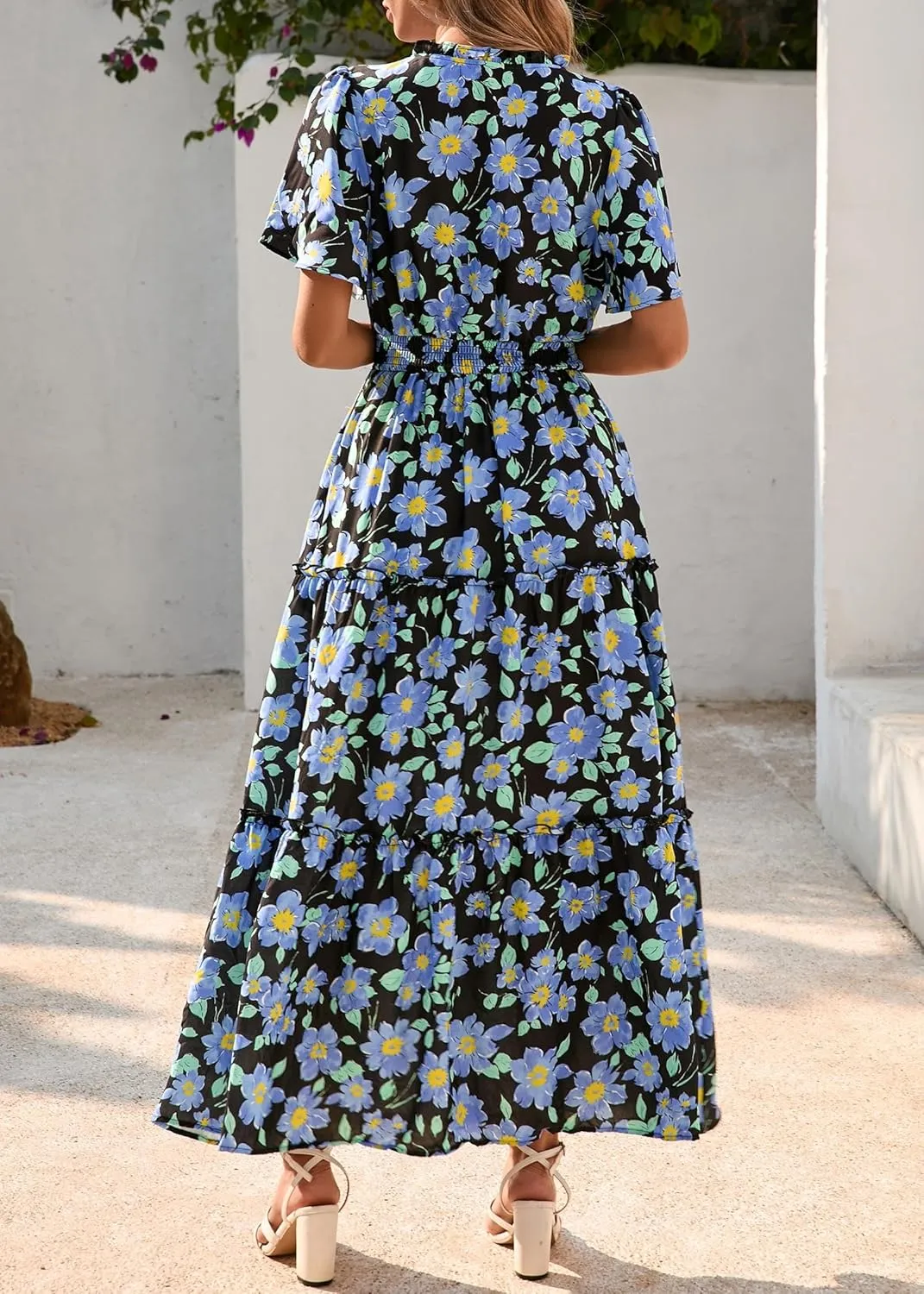 KIRUNDO Womens Summer Boho Floral Maxi Dress Flutter Short Sleeve V Neck Ruffle Tiered Flowy Beach Wedding Guest Dresses
