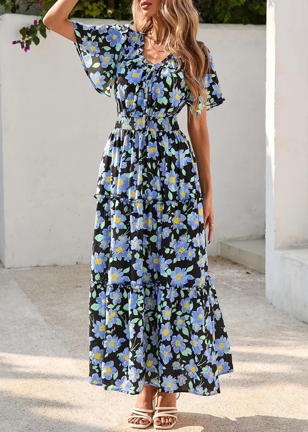 KIRUNDO Womens Summer Boho Floral Maxi Dress Flutter Short Sleeve V Neck Ruffle Tiered Flowy Beach Wedding Guest Dresses