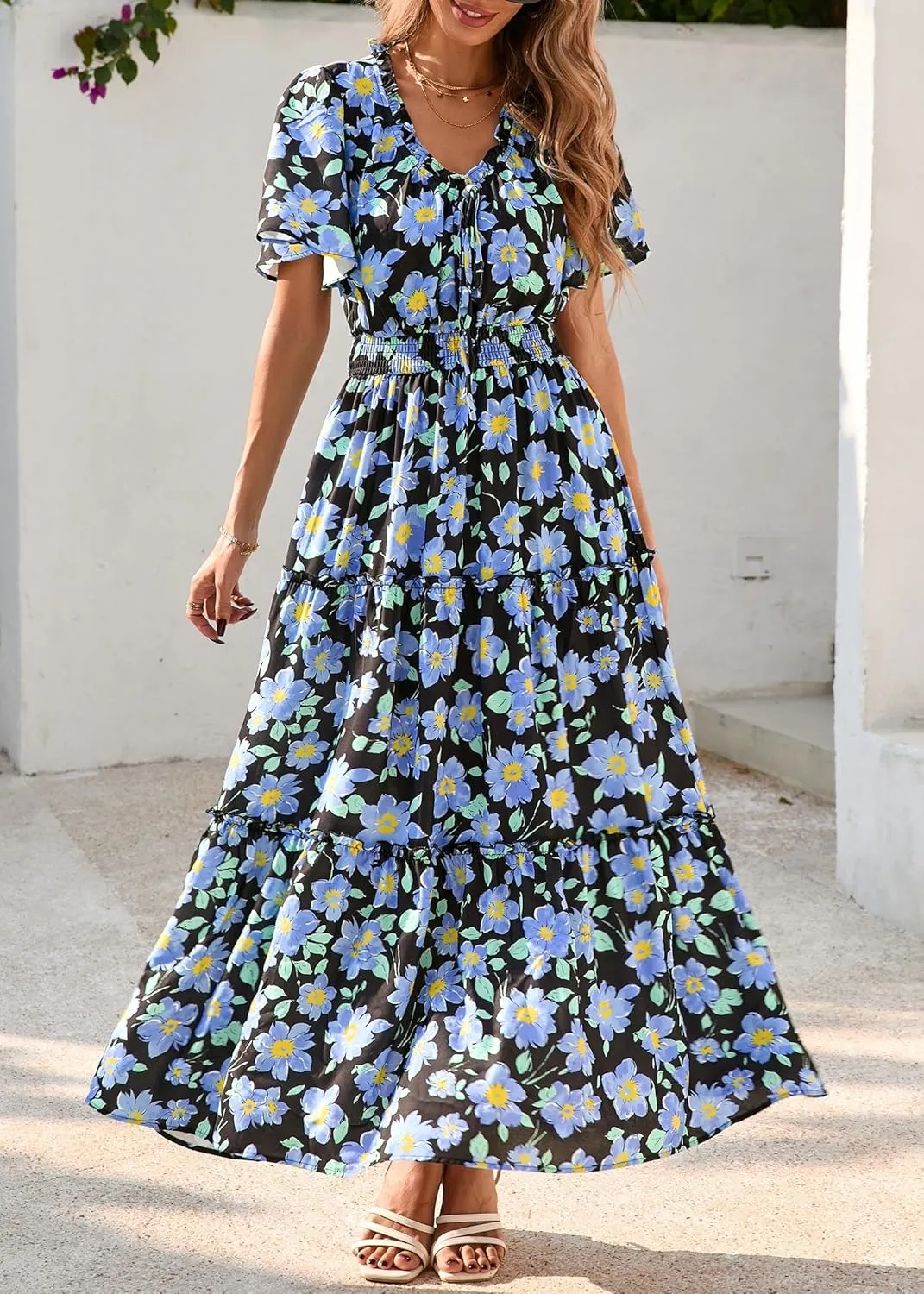 KIRUNDO Womens Summer Boho Floral Maxi Dress Flutter Short Sleeve V Neck Ruffle Tiered Flowy Beach Wedding Guest Dresses