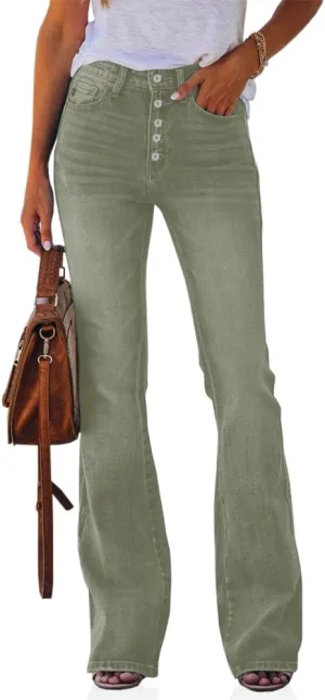 Koinshha Womens High Waisted Jeans Boyfriend Stretch Flare Casual Bootcut Denim Pants Army Green