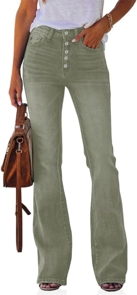 Koinshha Womens High Waisted Jeans Boyfriend Stretch Flare Casual Bootcut Denim Pants Army Green