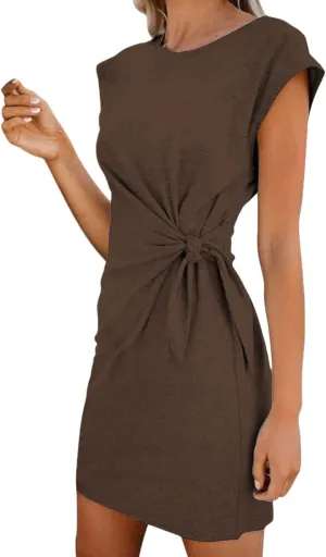 LaSuiveur Women’s Casual Bodycon Tie Waist Cap Sleeve Cotton T Shirt Dress