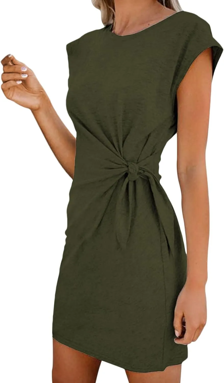 LaSuiveur Women’s Casual Bodycon Tie Waist Cap Sleeve Cotton T Shirt Dress