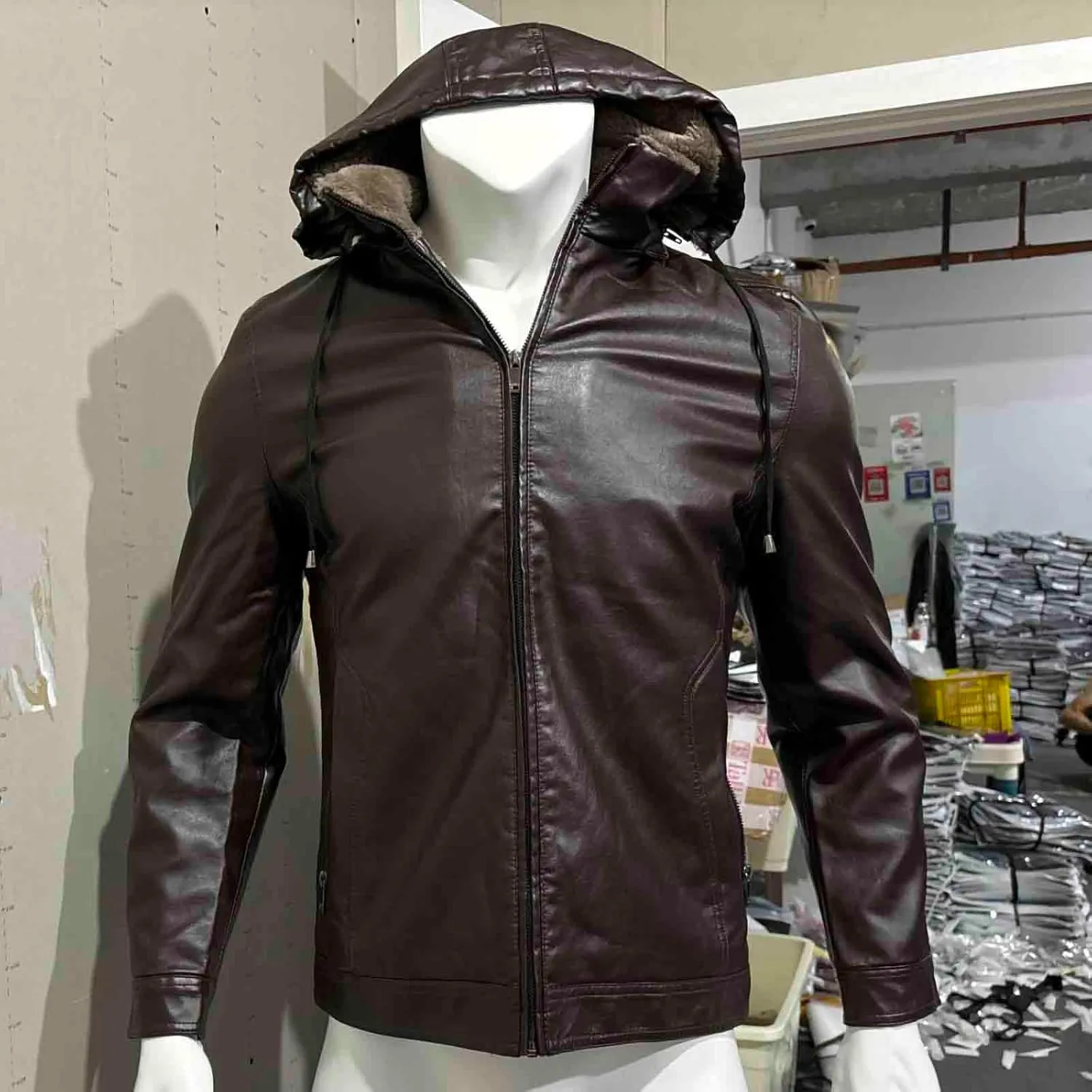 Leather Jacket Men Slim Fit Black Faux Leather Fleece Lined Motorcycle Biker Bomber Jacket with Hood