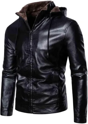 Leather Jacket Men Slim Fit Black Faux Leather Fleece Lined Motorcycle Biker Bomber Jacket with Hood