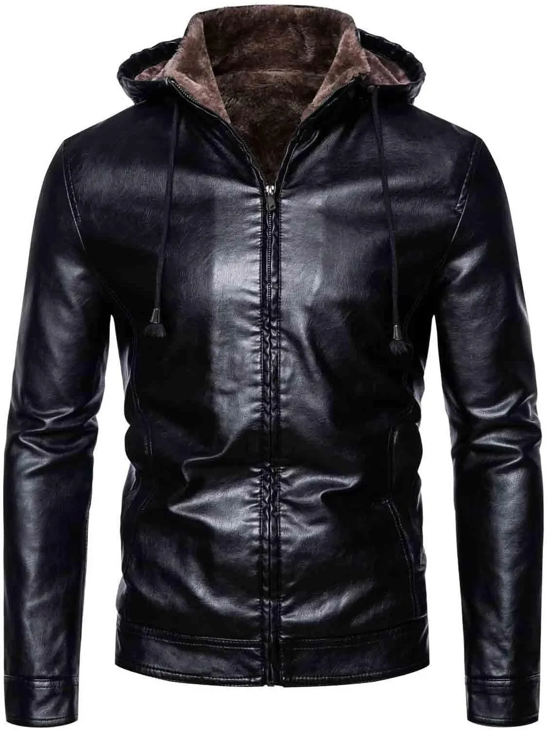 Leather Jacket Men Slim Fit Black Faux Leather Fleece Lined Motorcycle Biker Bomber Jacket with Hood