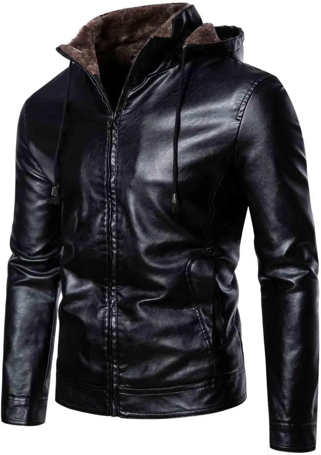 Leather Jacket Men Slim Fit Black Faux Leather Fleece Lined Motorcycle Biker Bomber Jacket with Hood