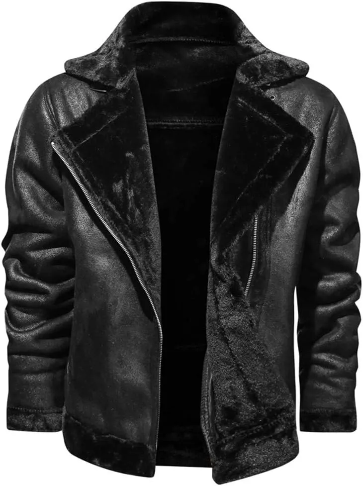 Leather Jackets for Men, Faux Leather Fleece Lined Fall Winter Warm Coat Men Motorcycle Biker Bomber Jacket